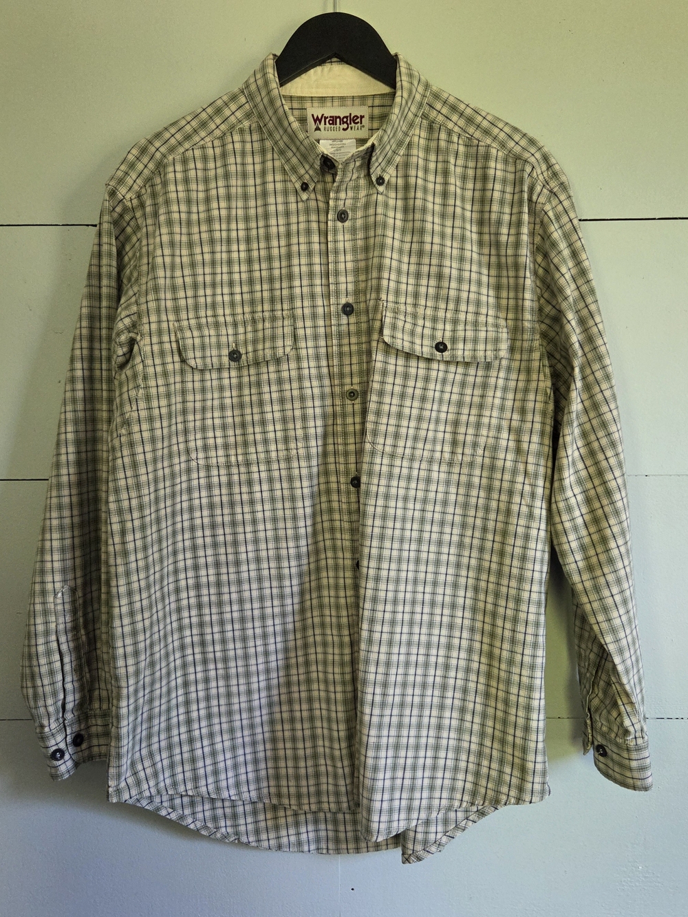 Wrangler Rugged Wear Men's Plaid Cotton Button-Up Shirt L Beige Green